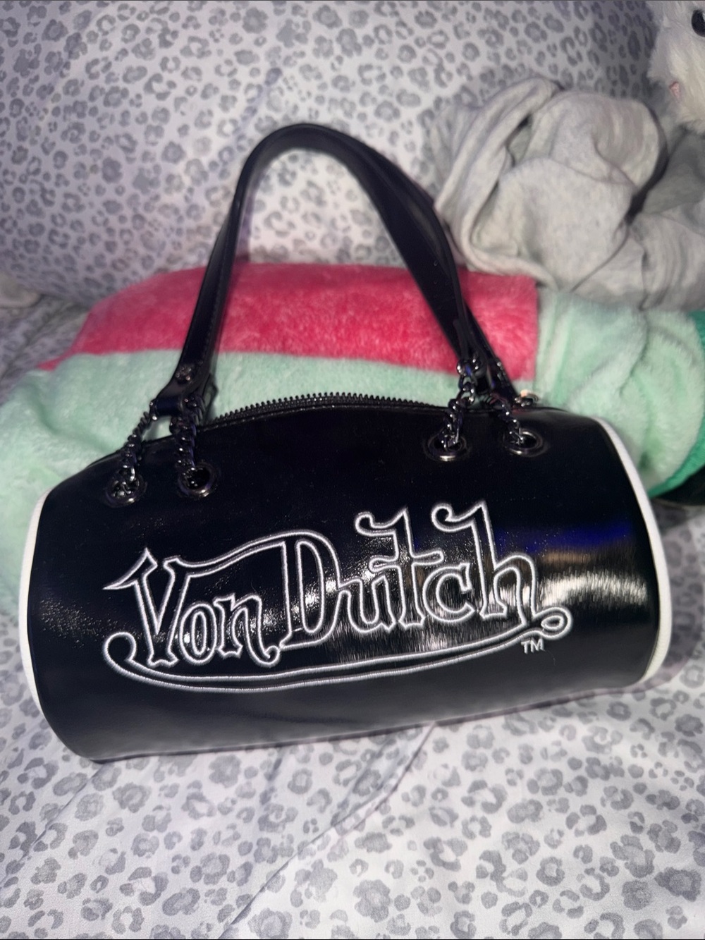Von Dutch Black Metallic Barrel Bag Y2K Chain Strap Shoulder Purse NWT